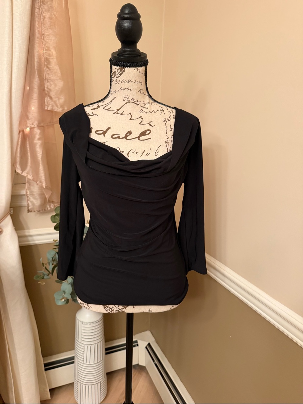 Draped Cowl Neck Black Top Long Sleeve Stretch Blouse Size Small NWT